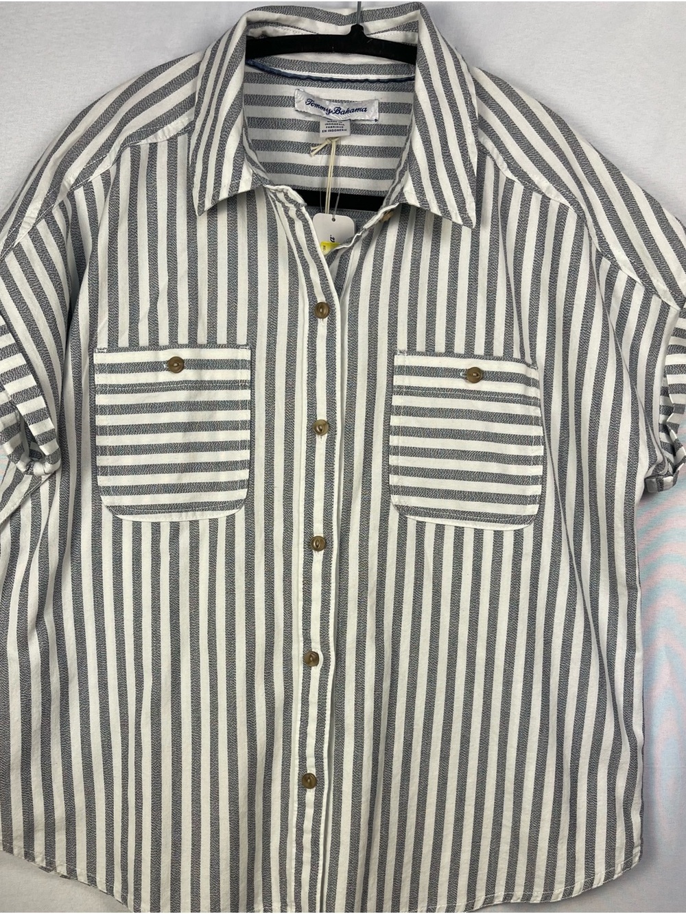 Tommy Bahama Men’s White and Gray Vertical Stripe Button-Down Shirt